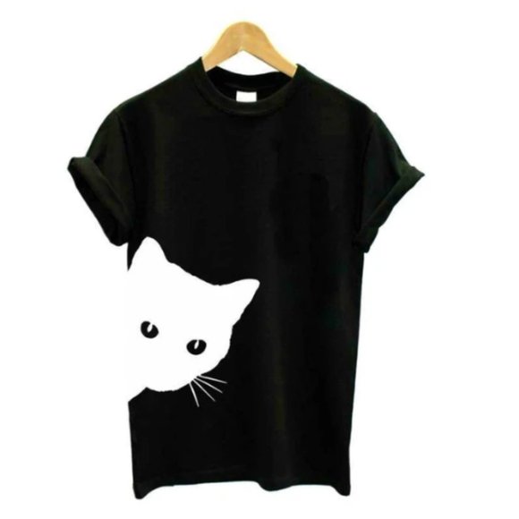Ou Chun Liang Dian Tops - B2G1 Black/White Cat Silhouette Graphic Tee